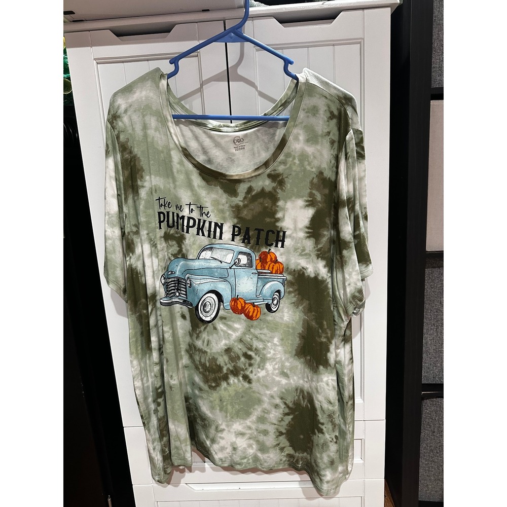 Cato Womens Plus Size 22/24W Pumpkin Patch Graphic Tie Dye T-Shirt Green Truck